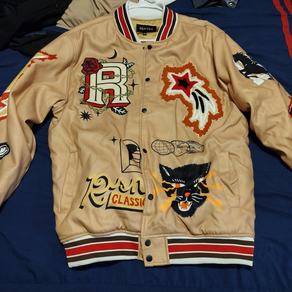 Reason Men's Beige Varsity Jacket with Patches